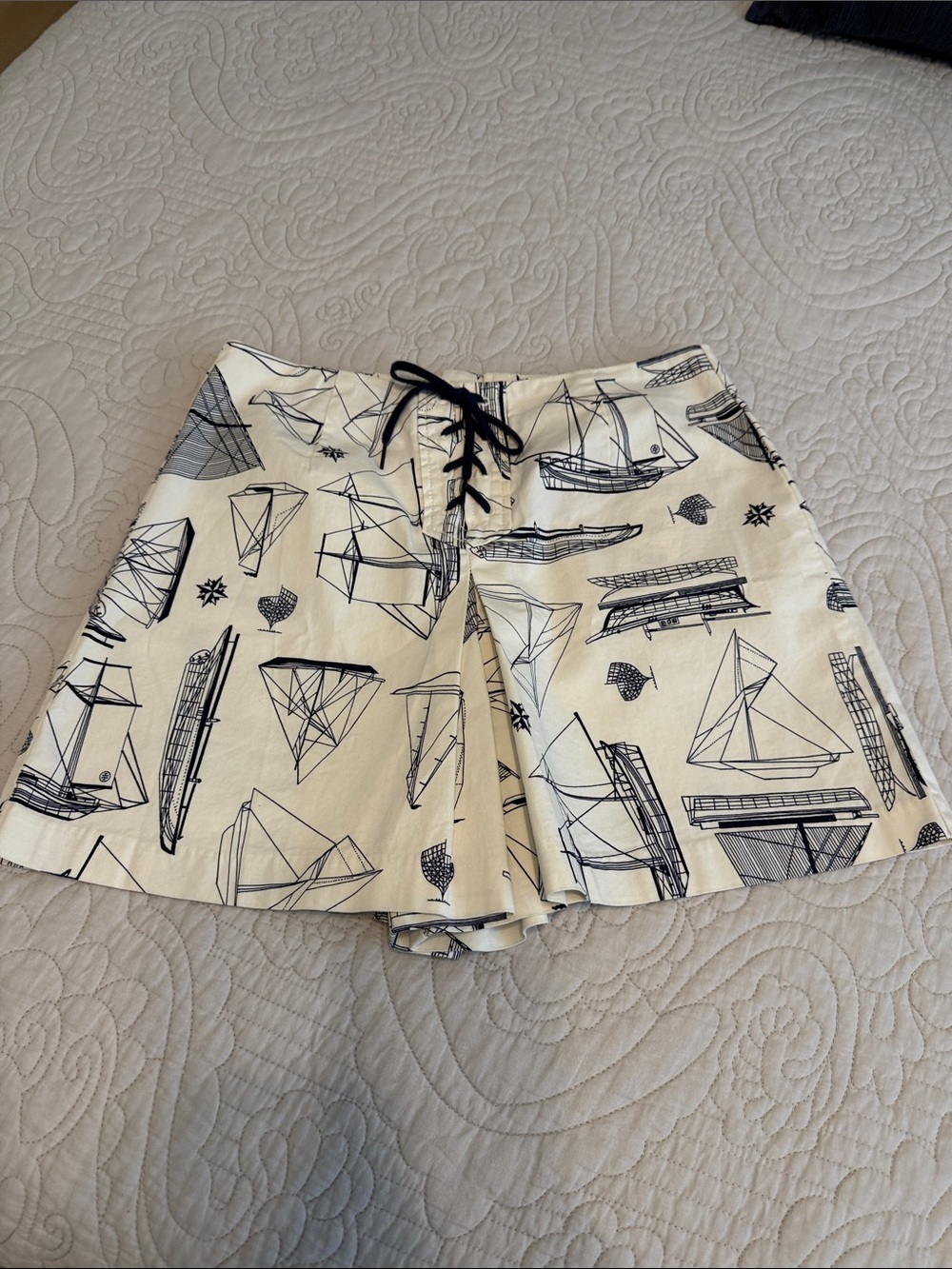 Tory Burch Cream Sailing-Print Lace-Up Skort with Navy Drawcord